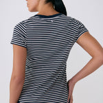 Lolë Dynamic V-neck in navy stripe — this V-neck tee proves that everyday essentials can still feel special