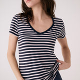 Lolë Dynamic V-neck in navy stripe — this V-neck tee proves that everyday essentials can still feel special