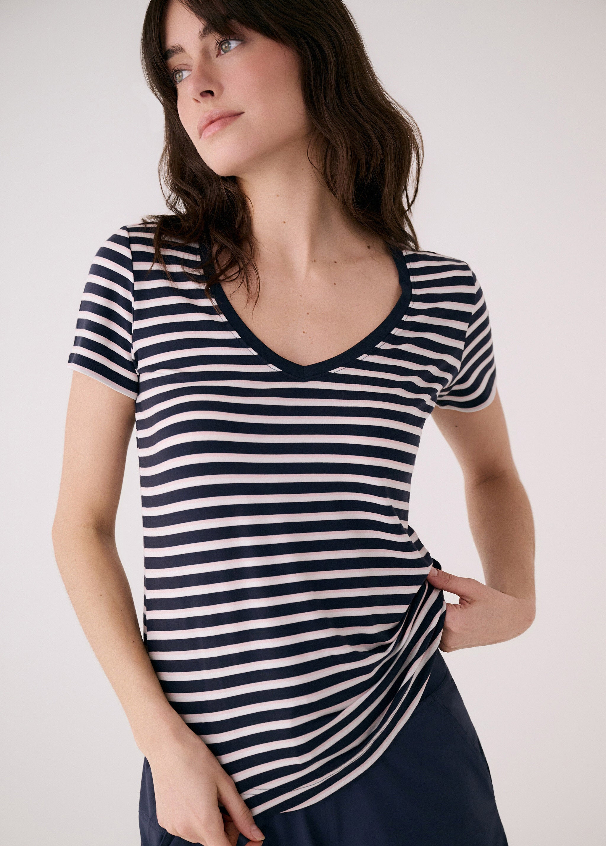 Lolë Dynamic V-neck in navy stripe — this V-neck tee proves that everyday essentials can still feel special