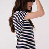 Lolë Dynamic V-neck in navy stripe — this V-neck tee proves that everyday essentials can still feel special