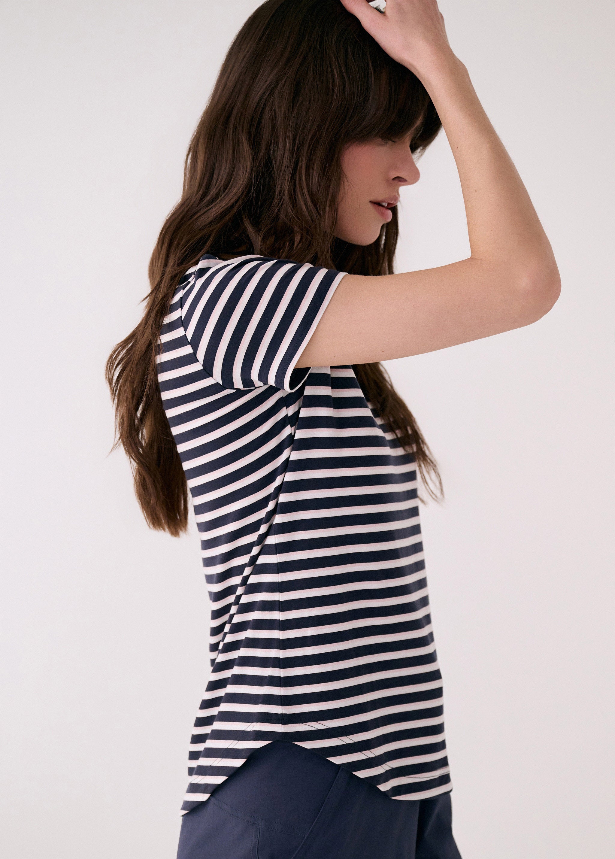 Lolë Dynamic V-neck in navy stripe — this V-neck tee proves that everyday essentials can still feel special