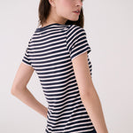 Lolë Dynamic V-neck in navy stripe — this V-neck tee proves that everyday essentials can still feel special