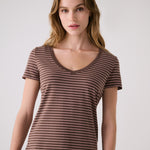 Lolë Dynamic V-neck in brown stripe — this V-neck tee proves that everyday essentials can still feel special