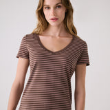 Lolë Dynamic V-neck in brown stripe — this V-neck tee proves that everyday essentials can still feel special
