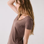 Lolë Dynamic V-neck in brown stripe — this V-neck tee proves that everyday essentials can still feel special