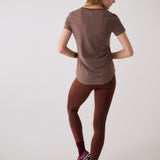 Lolë Dynamic V-neck in brown stripe — this V-neck tee proves that everyday essentials can still feel special