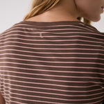 Lolë Dynamic V-neck in brown stripe — this V-neck tee proves that everyday essentials can still feel special