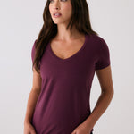 Lolë Dynamic V-neck in burgundy — this V-neck tee proves that everyday essentials can still feel special