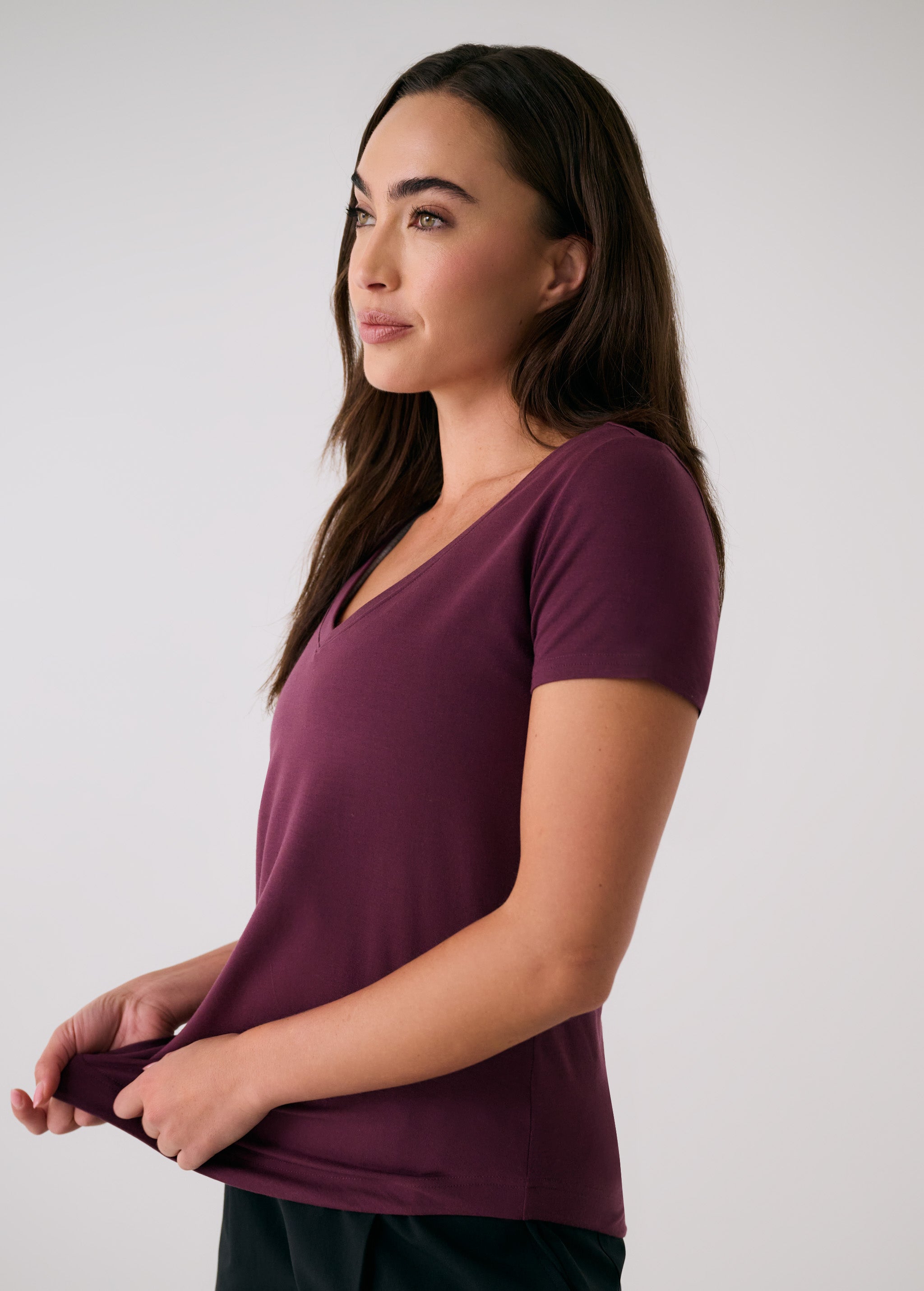 Lolë Dynamic V-neck in burgundy — this V-neck tee proves that everyday essentials can still feel special