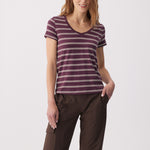 Lolë Dynamic V-neck in purple stripe — this V-neck tee proves that everyday essentials can still feel special