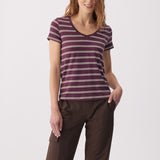 Lolë Dynamic V-neck in purple stripe — this V-neck tee proves that everyday essentials can still feel special