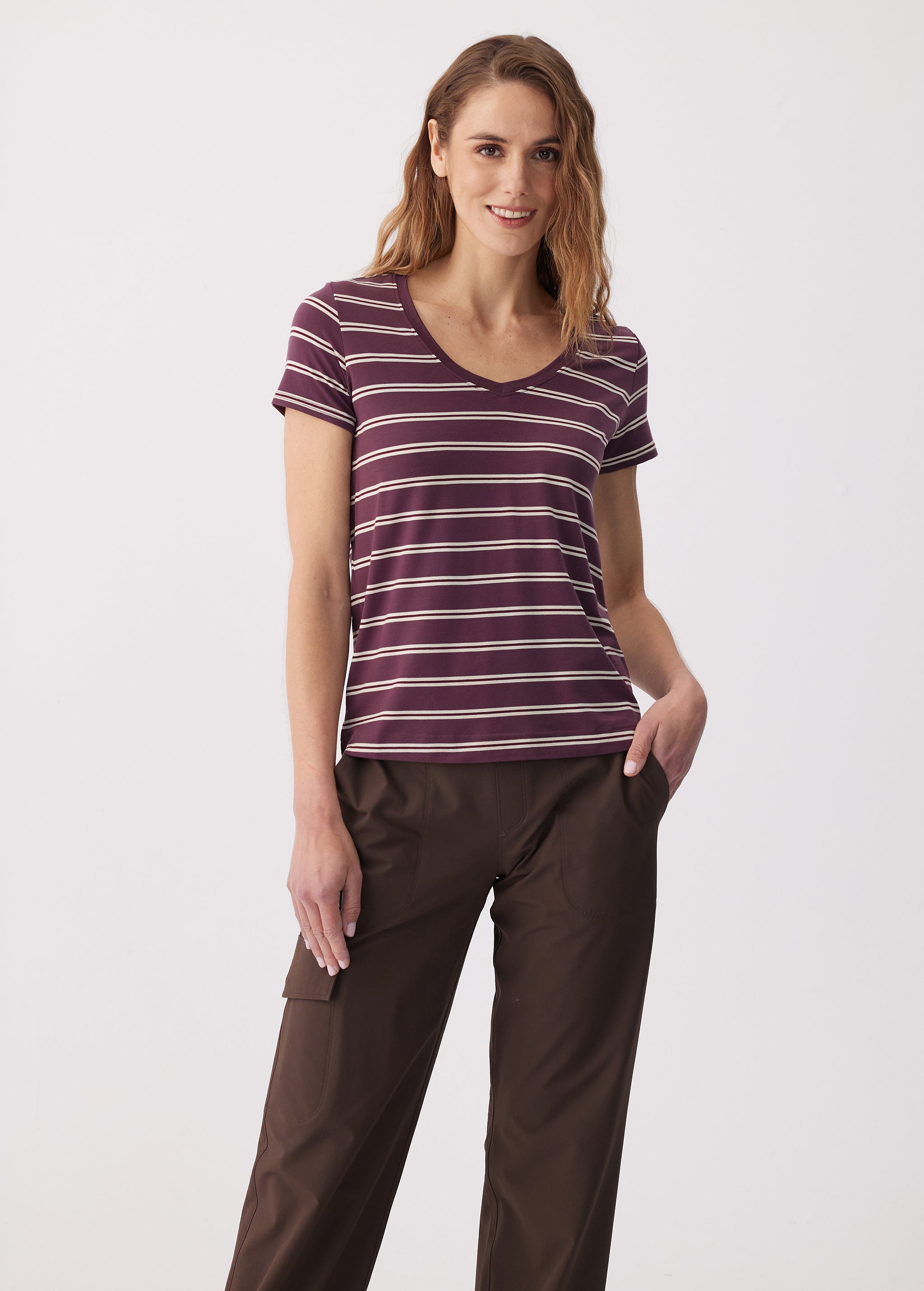 Lolë Dynamic V-neck in purple stripe — this V-neck tee proves that everyday essentials can still feel special