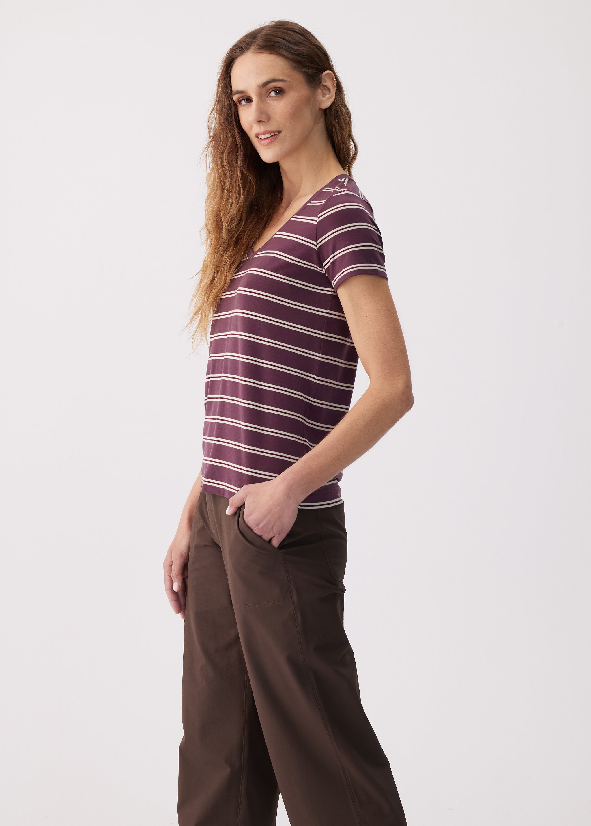 Lolë Dynamic V-neck in purple stripe — this V-neck tee proves that everyday essentials can still feel special