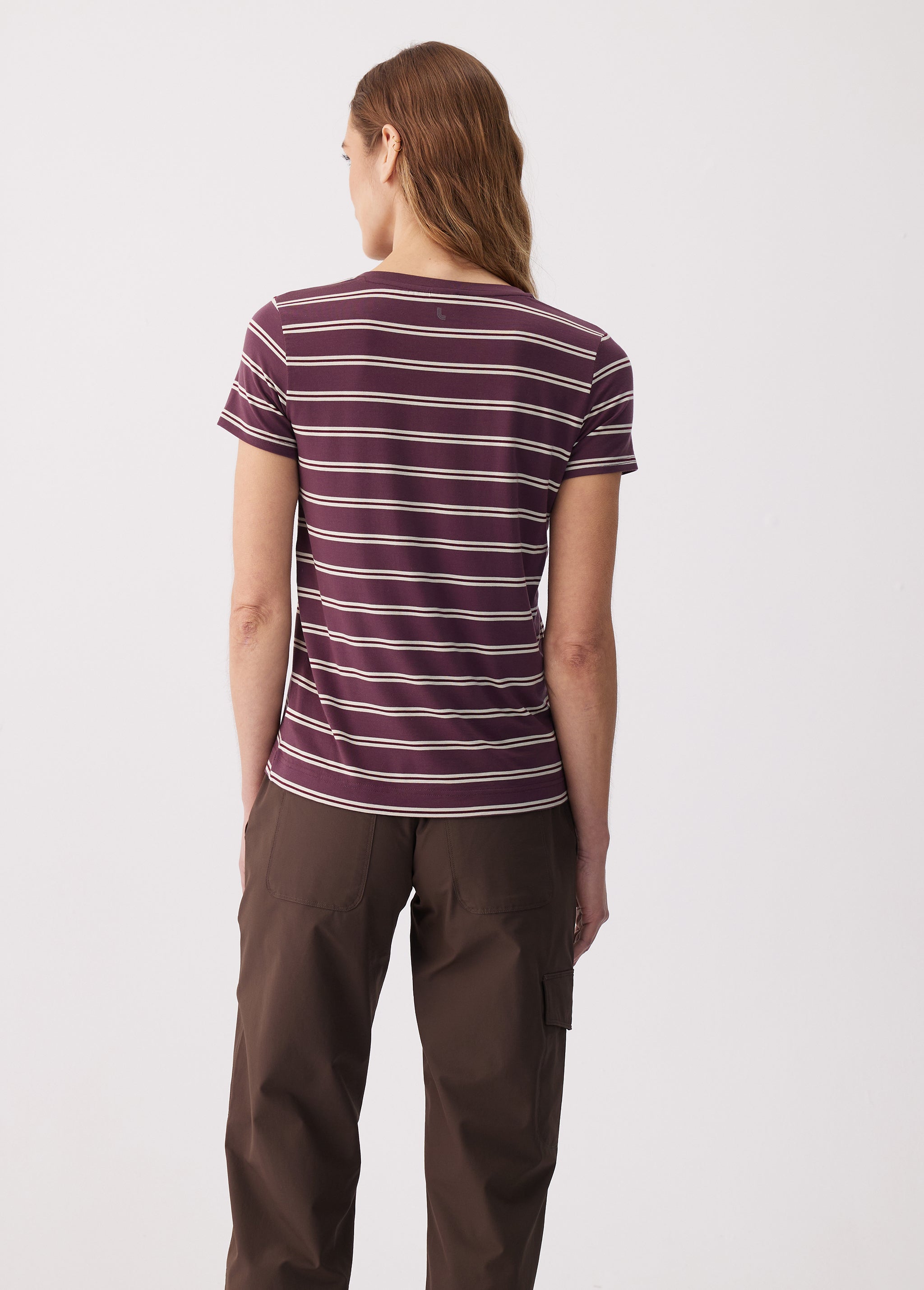 Lolë Dynamic V-neck in purple stripe — this V-neck tee proves that everyday essentials can still feel special