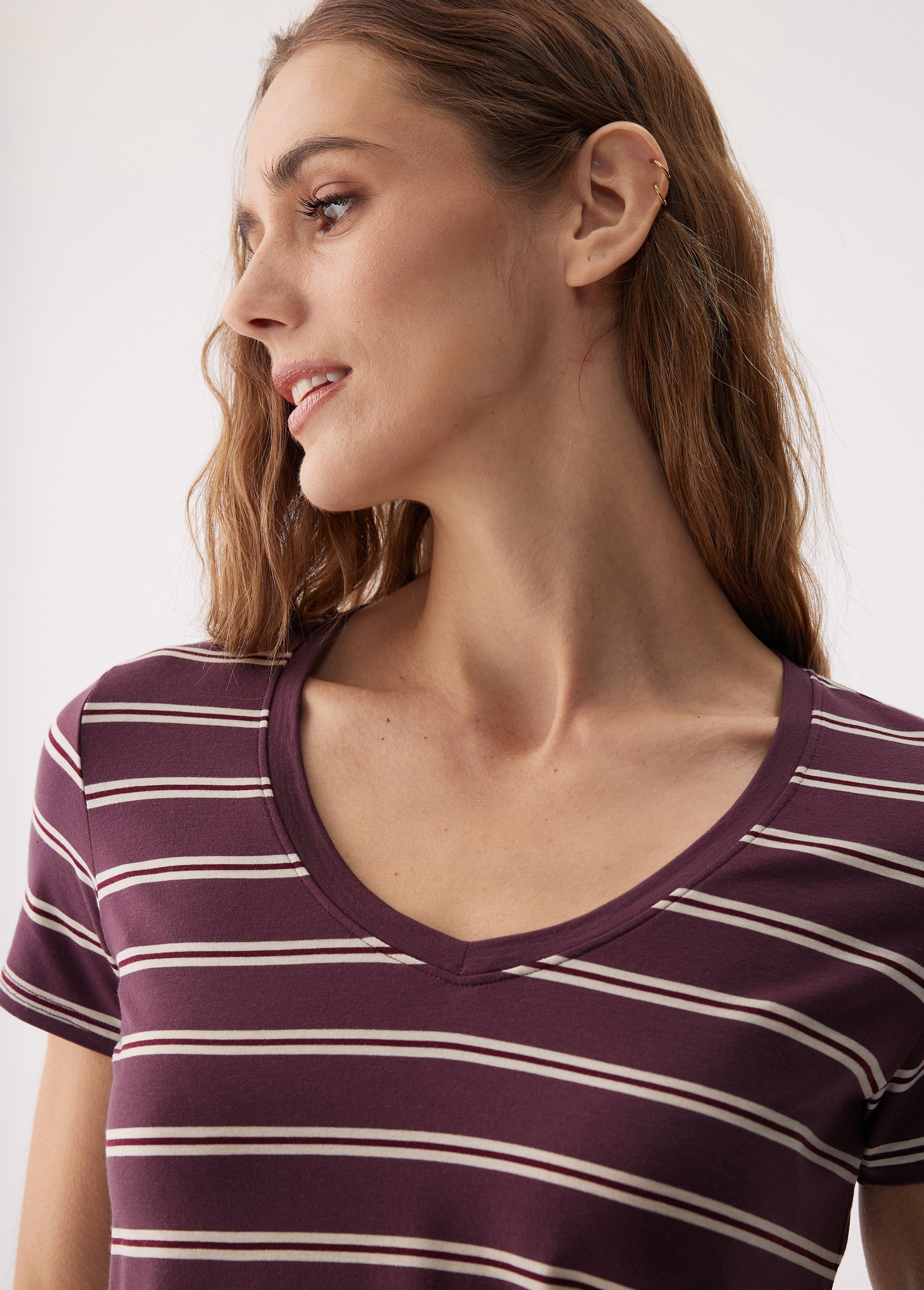 Lolë Dynamic V-neck in purple stripe — this V-neck tee proves that everyday essentials can still feel special