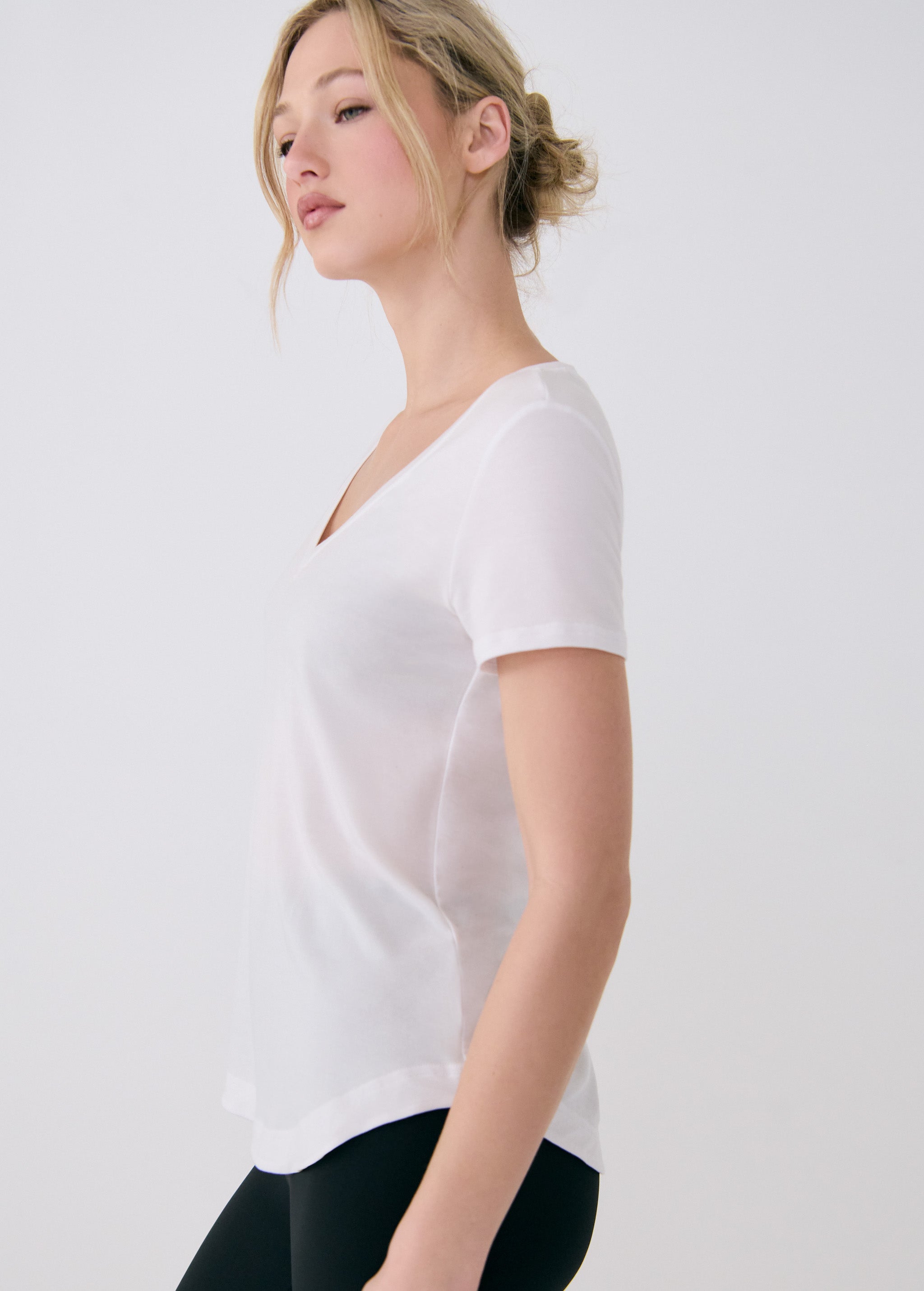 Lolë Dynamic V-neck in white — this V-neck tee proves that everyday essentials can still feel special