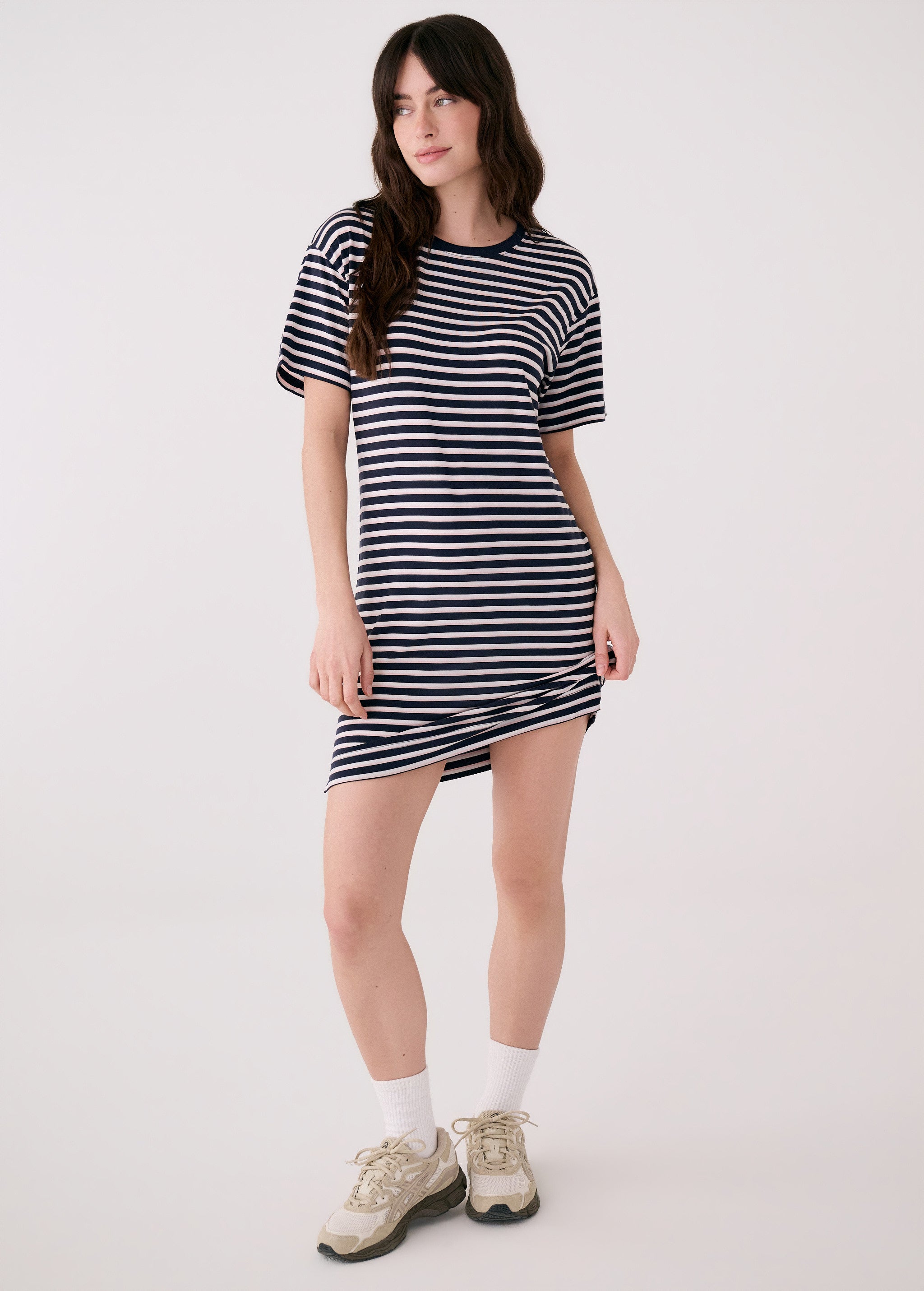 Lolë Dynamic Tee Dress in navy stripe