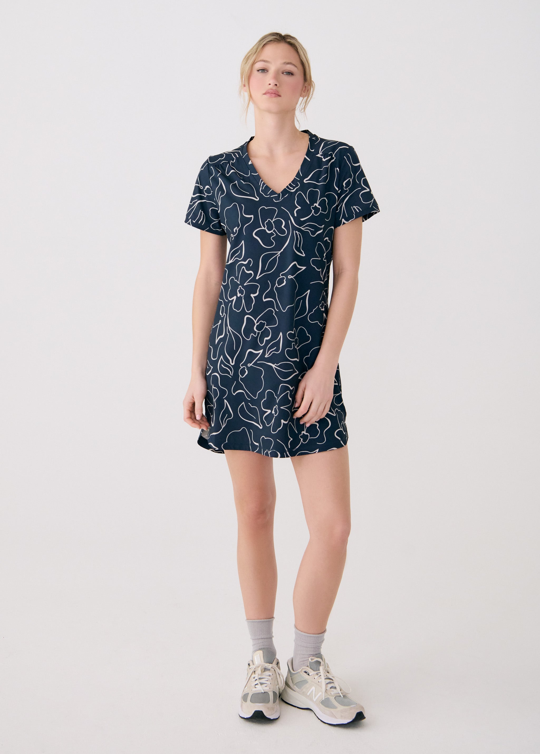 Lolë Olivie V Neck Dress in navy floral print