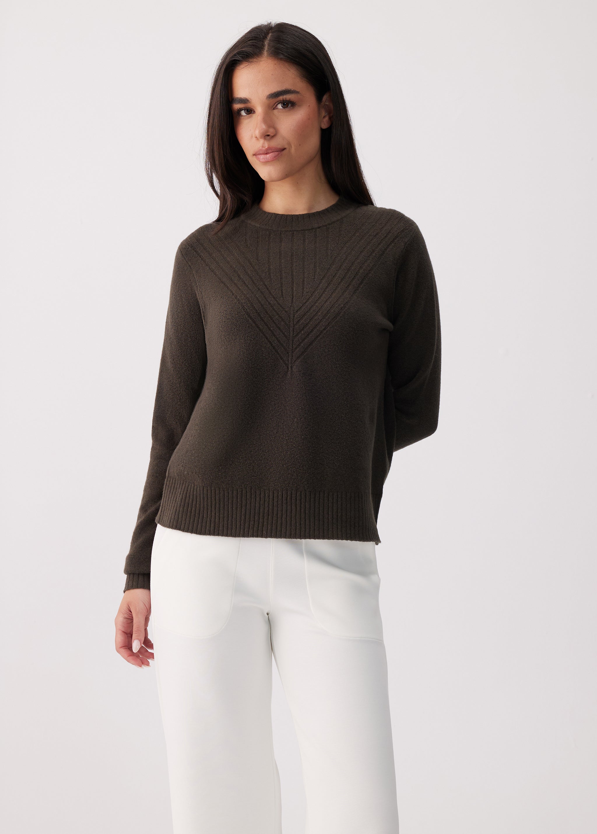 Lolë Camila Crew Neck Sweater in olive — the Camila Crew Neck is soft, cozy, and perfectly unfussy
