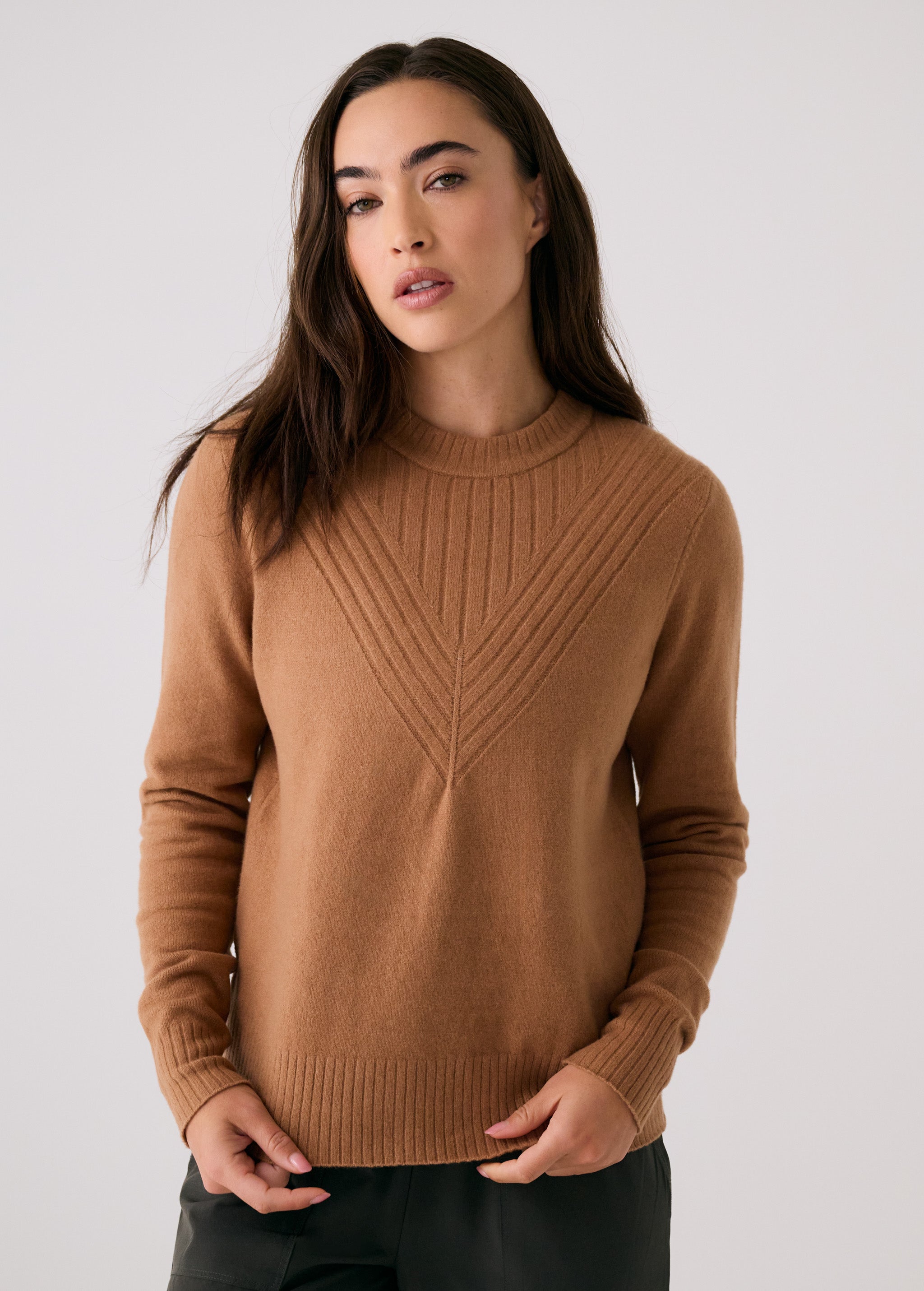 Lolë Camila Crew Neck Sweater in camel — the Camila Crew Neck is soft, cozy, and perfectly unfussy