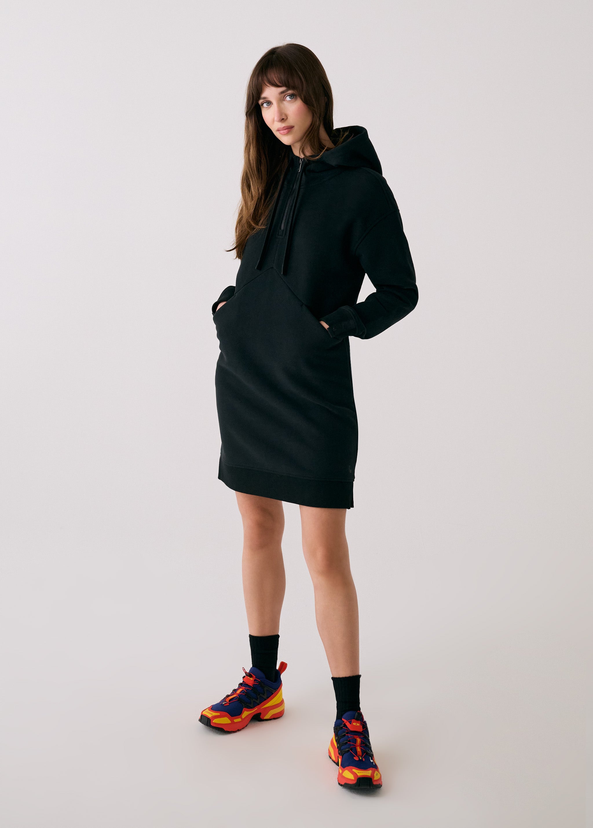 Lolë Yonder Hoodie Dress in black — the Yonder Hoodie Dress is comfort in full form
