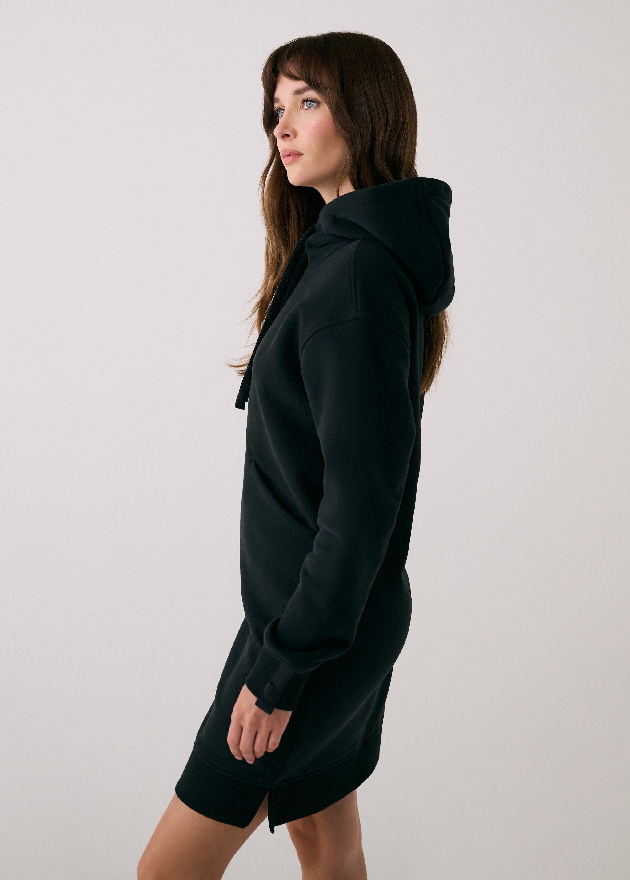 Lolë Yonder Hoodie Dress in black — the Yonder Hoodie Dress is comfort in full form