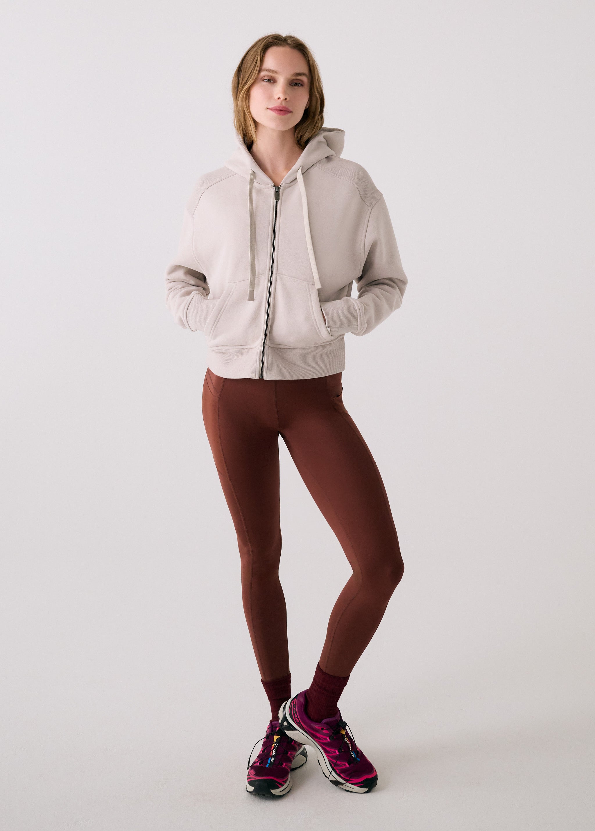 Lolë Yonder Full Zip Hoodie in Abalone pale greige — cropped and cozy, the Yonder Hoodie is your cold-weather comfort zone