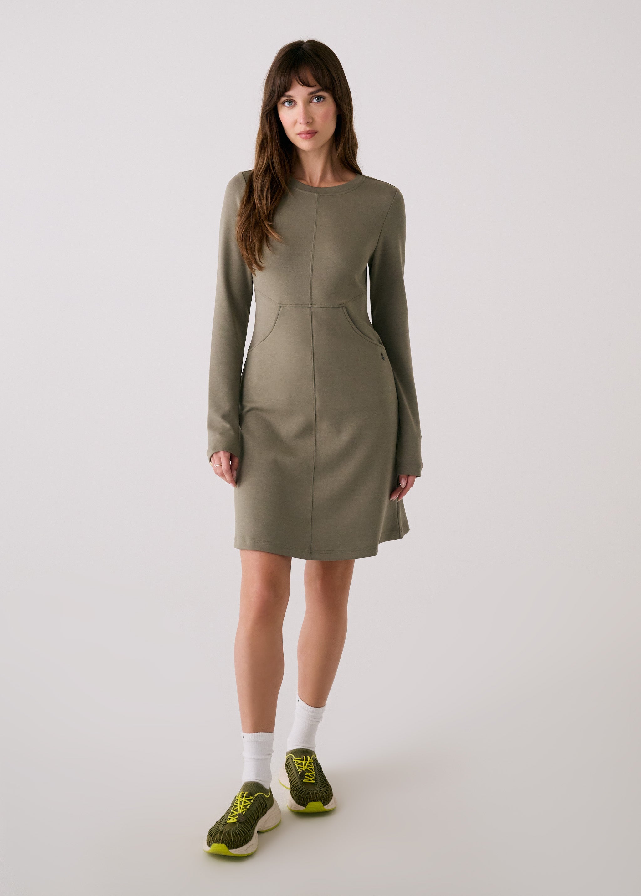Lolë Flow Dress in Hazel sage green