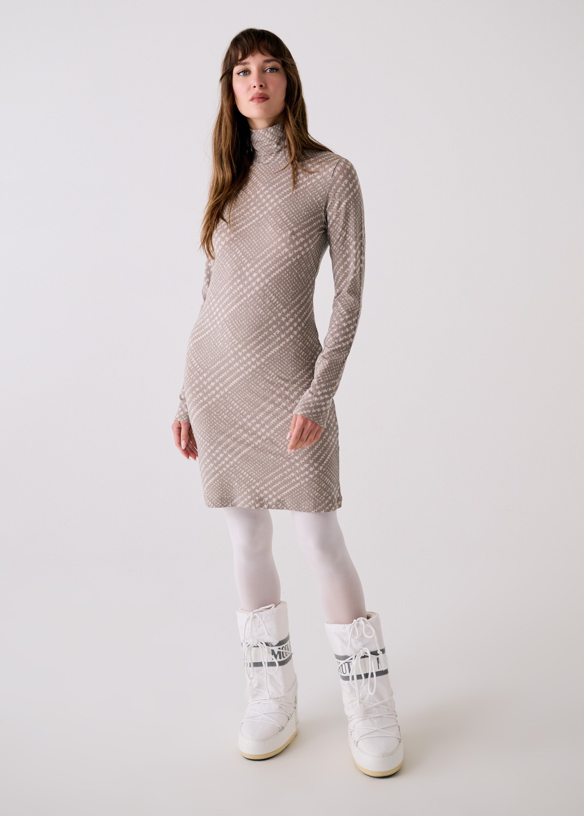 Lolë Dynamic Turtleneck Dress in beige plaid