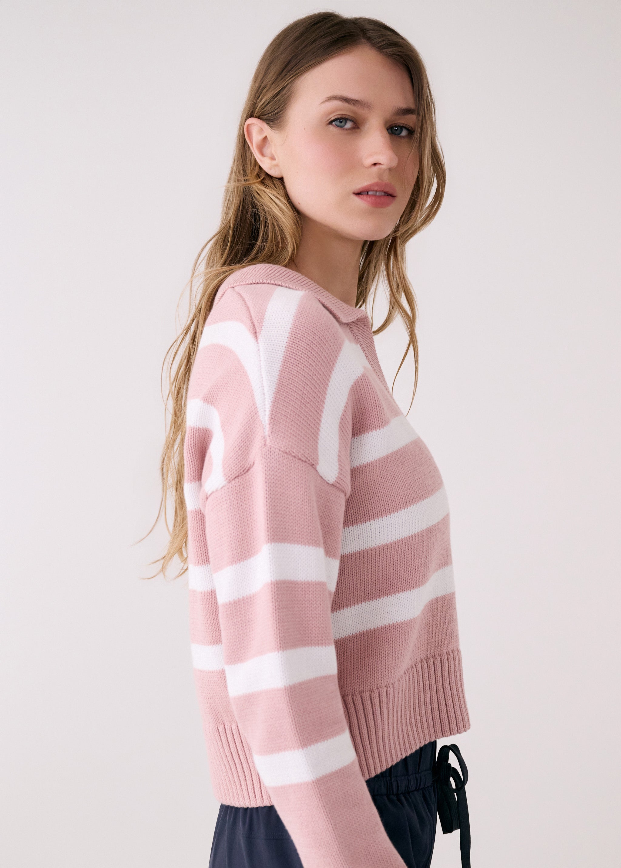 Lolë Club Polo Sweater in pink stripe
