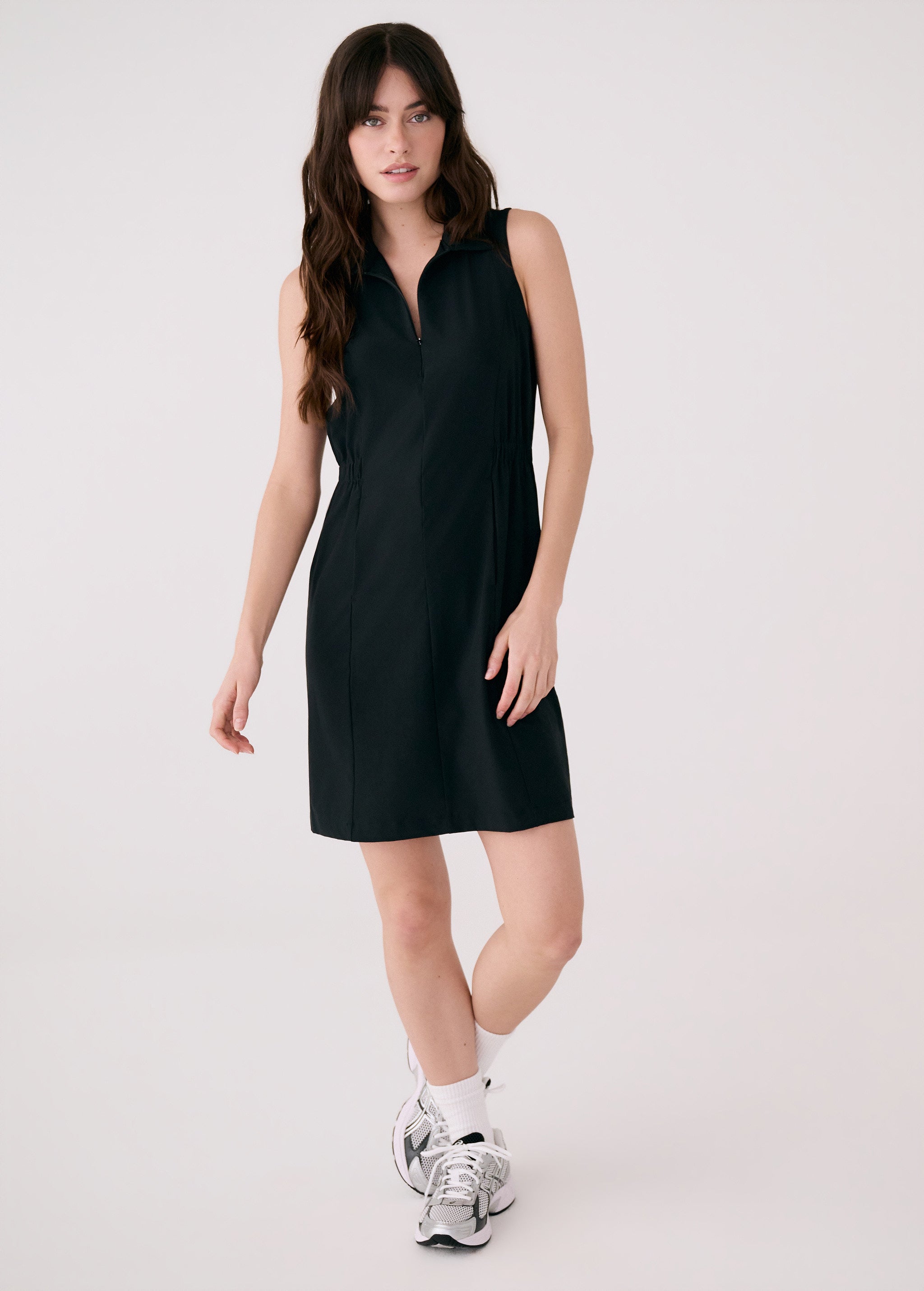Lolë Olivie Shirt Dress in black — a sporty take on a classic shirt dress