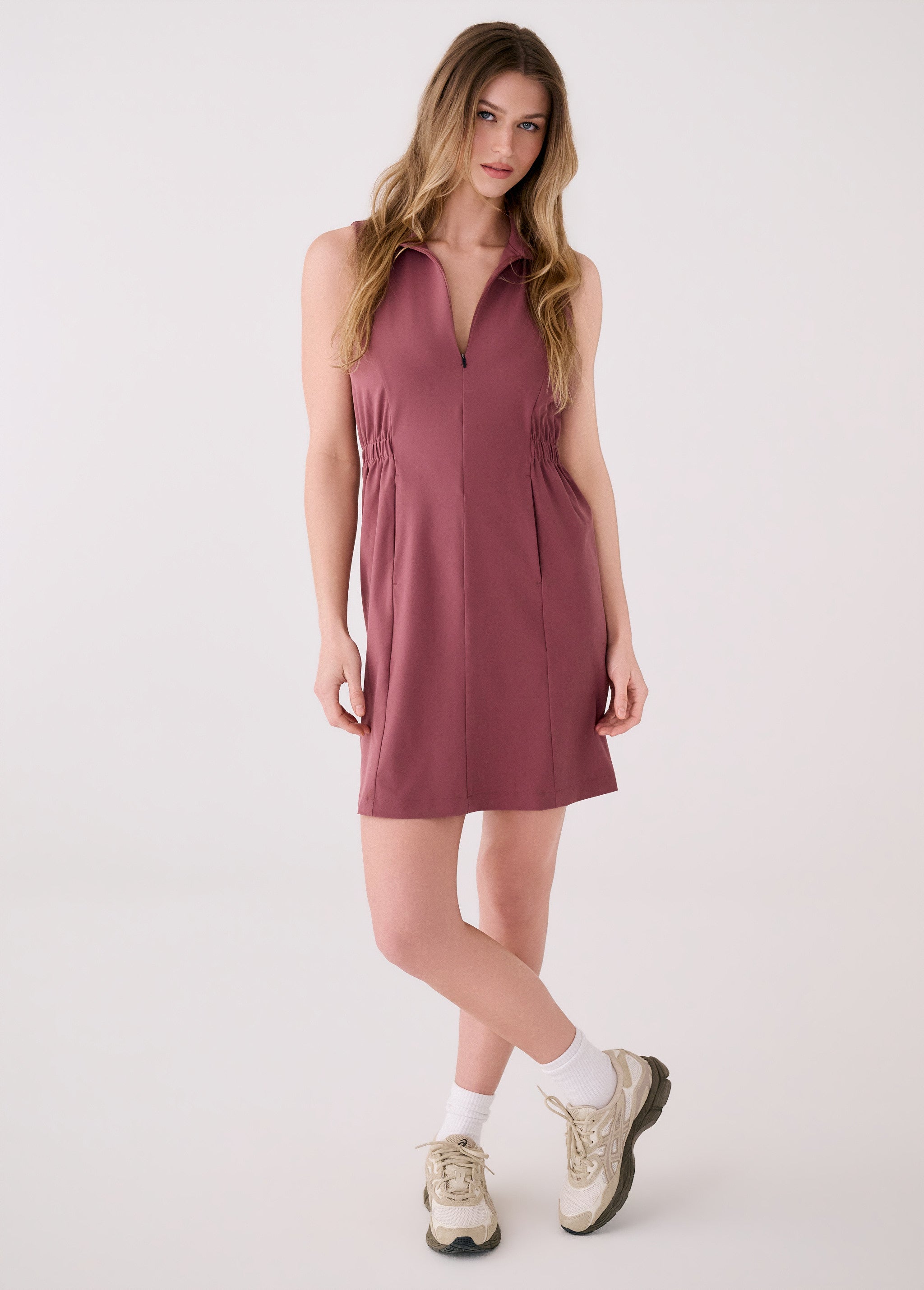 Lolë Olivie Shirt Dress in Mauveberry dusty rose — a sporty take on a classic shirt dress