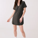 Lolë Olivie V-neck t-shirt dress in olive, front view on model — short sleeves and curved hem