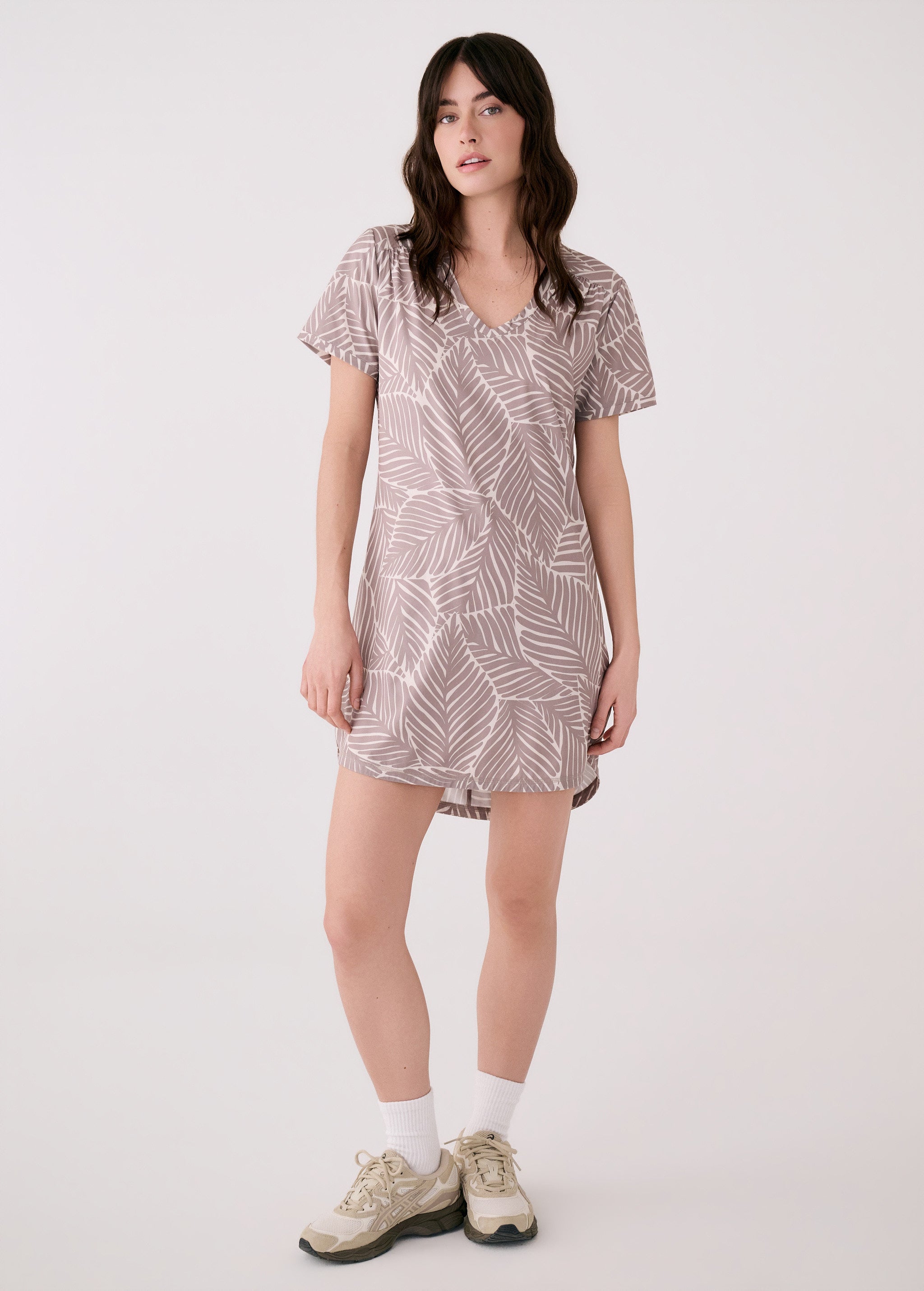 Lolë Olivie V Neck Dress in taupe leaf print