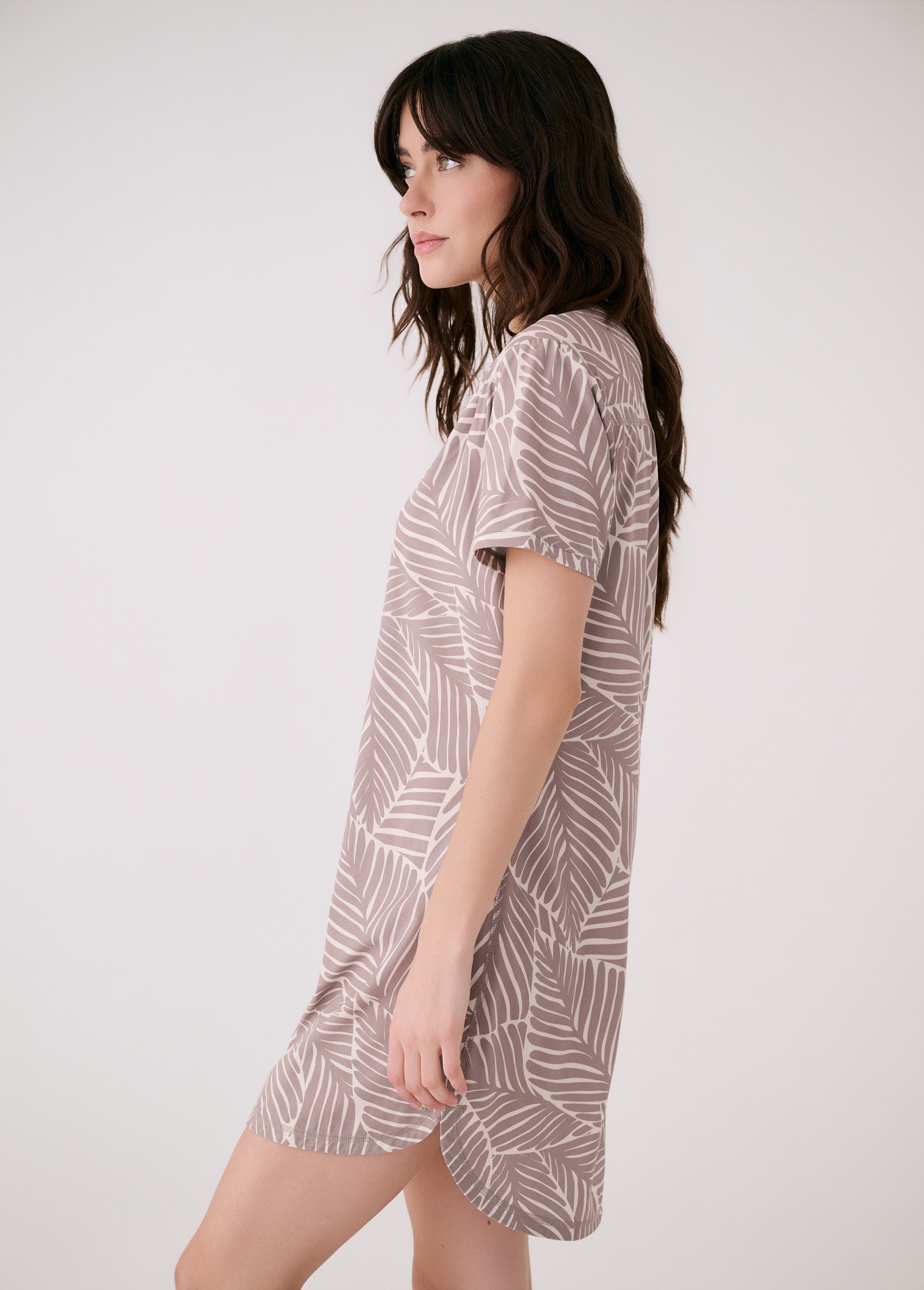 Lolë Olivie V Neck Dress in taupe leaf print