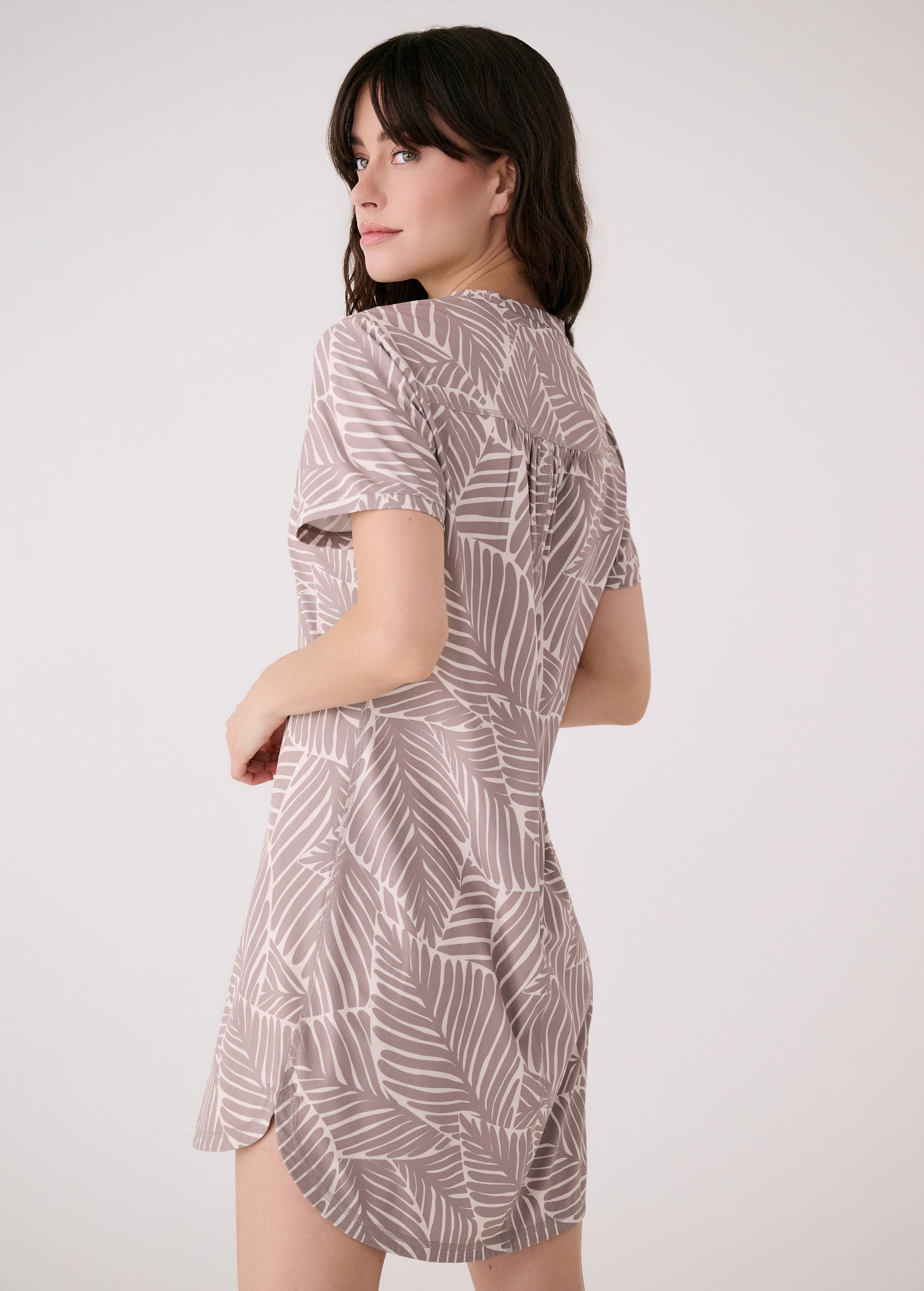 Lolë Olivie V Neck Dress in taupe leaf print