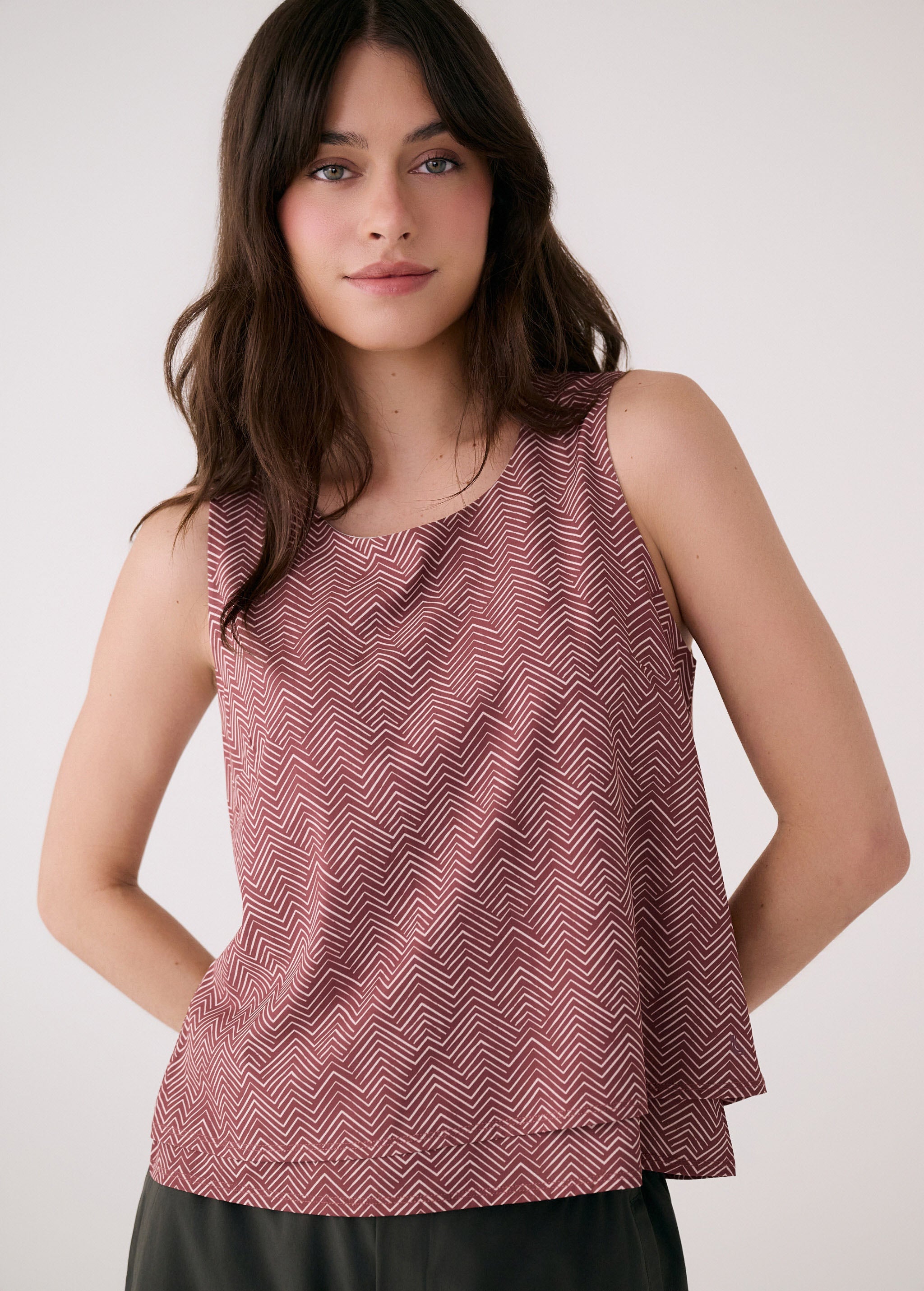 Lolë Olivie Layered Tank in burgundy zigzag — a tank top with a little extra dimension