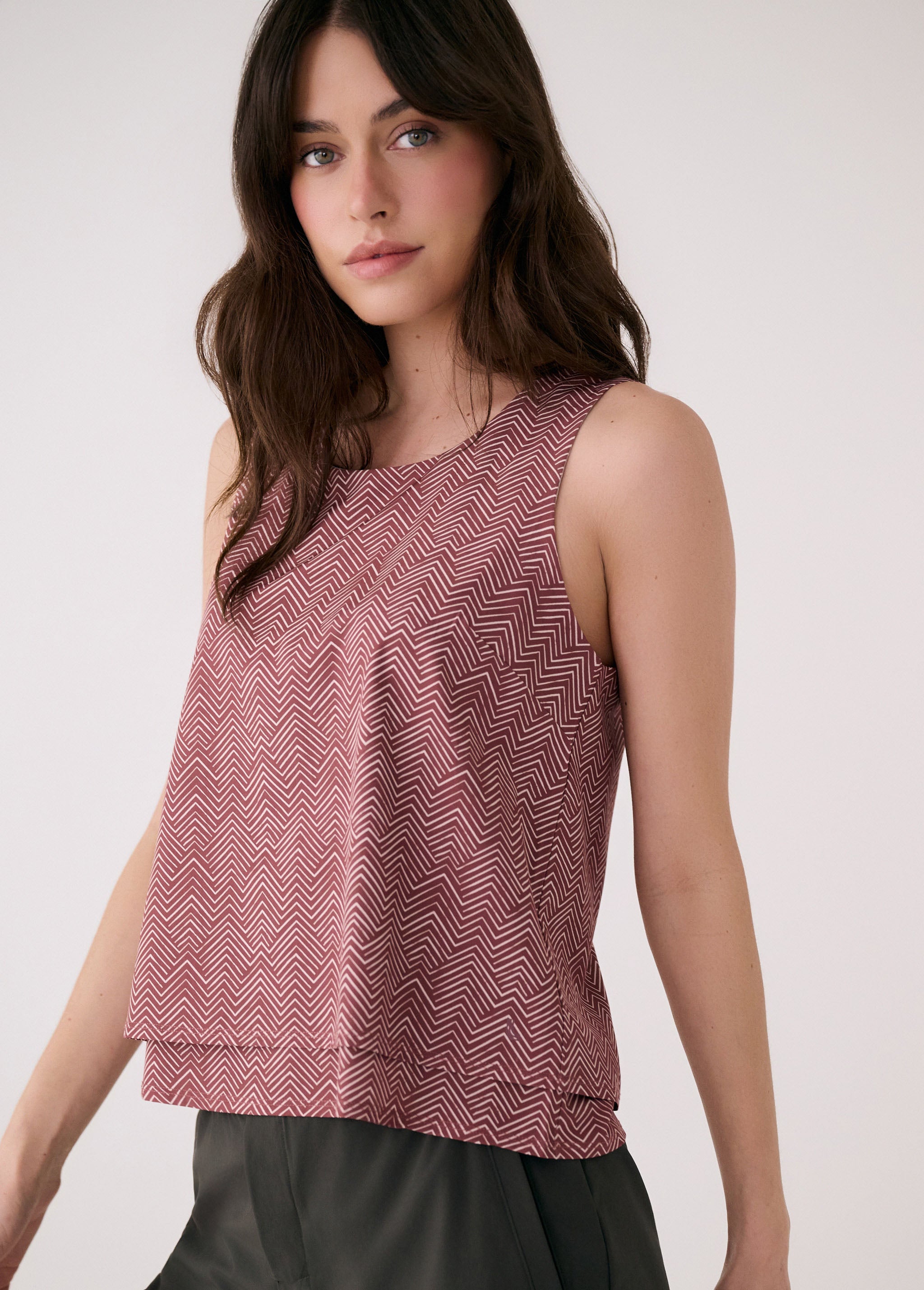 Lolë Olivie Layered Tank in burgundy zigzag — a tank top with a little extra dimension