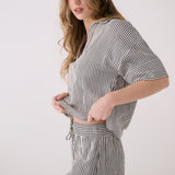 Lolë Bella Shorts in black stripe — a relaxed cotton short that balances comfort with a polished attitude
