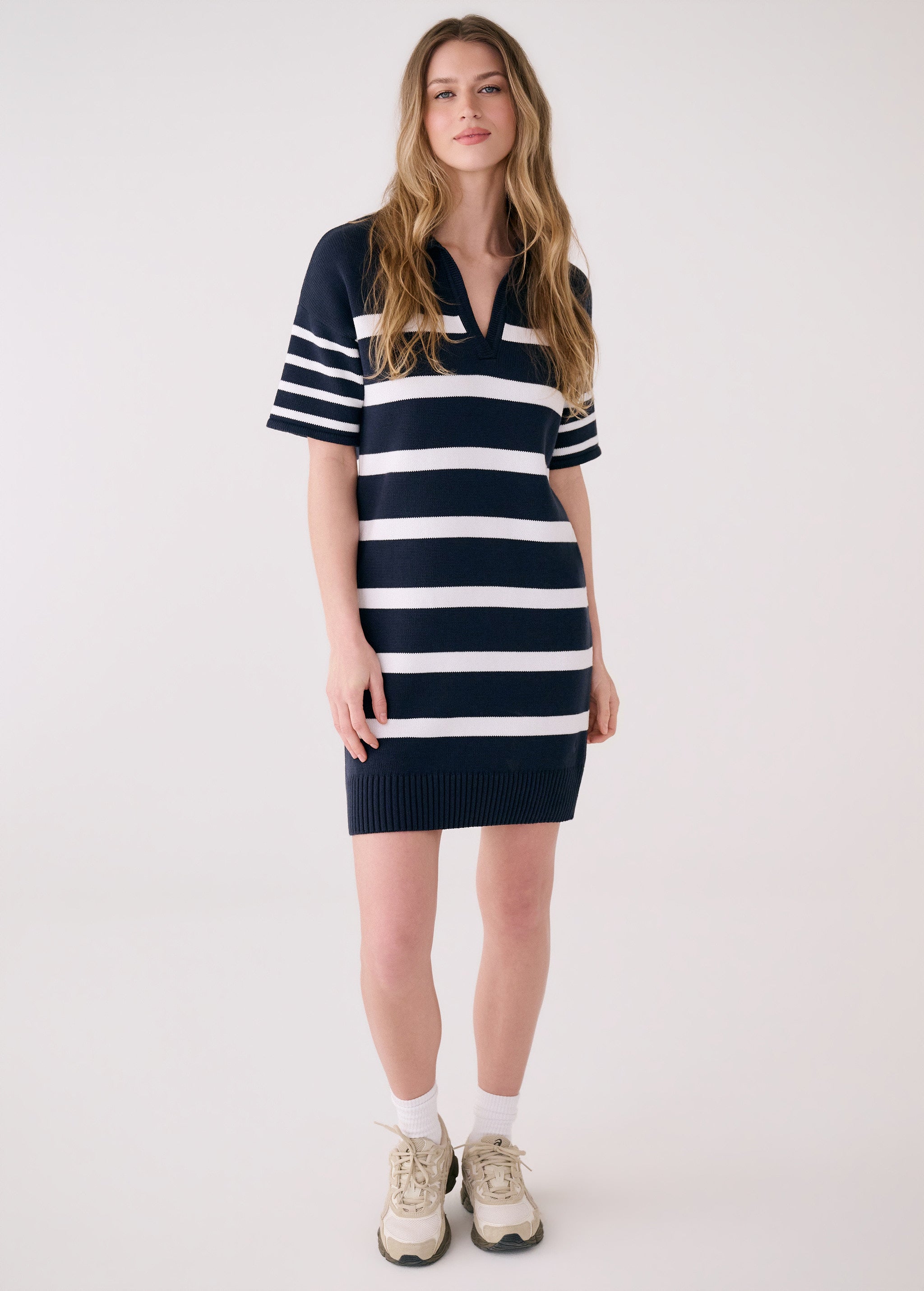 Lolë Club Polo Dress in navy stripe