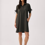 Lolë Momentum Shirt Dress in olive — a polished shirt dress with a Lolë twist