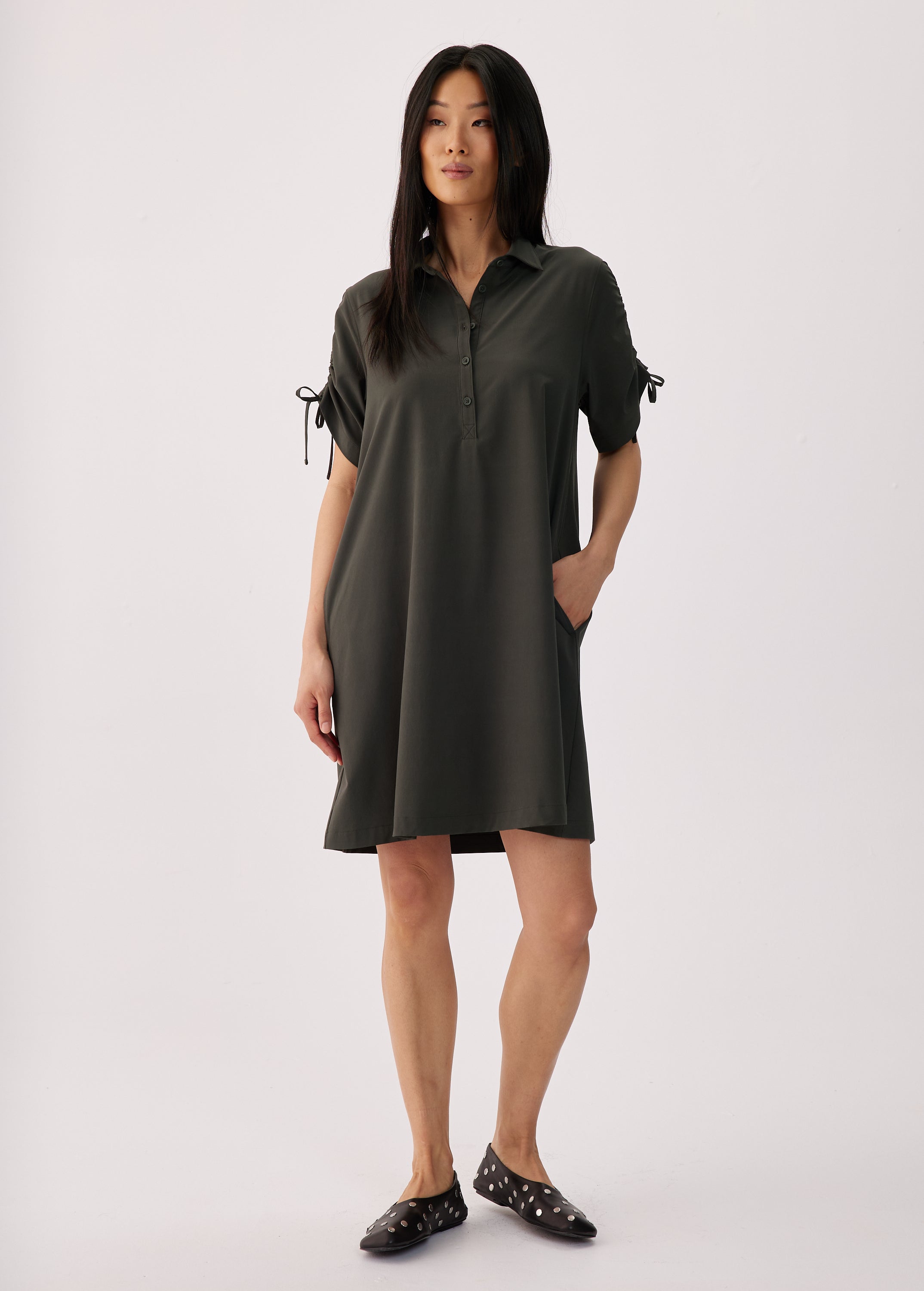 Lolë Momentum Shirt Dress in olive — a polished shirt dress with a Lolë twist