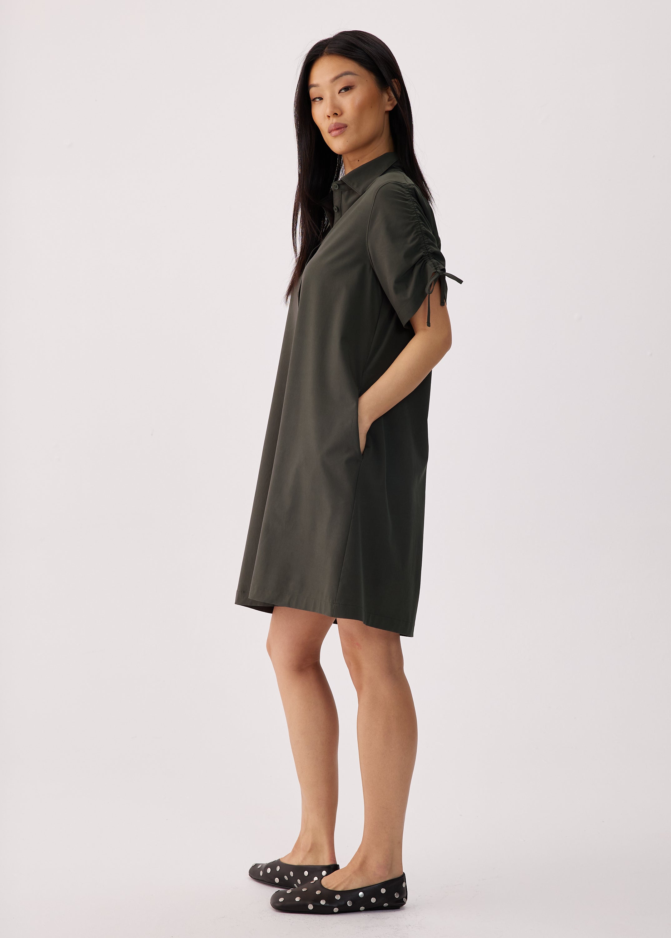 Lolë Momentum Shirt Dress in olive — a polished shirt dress with a Lolë twist