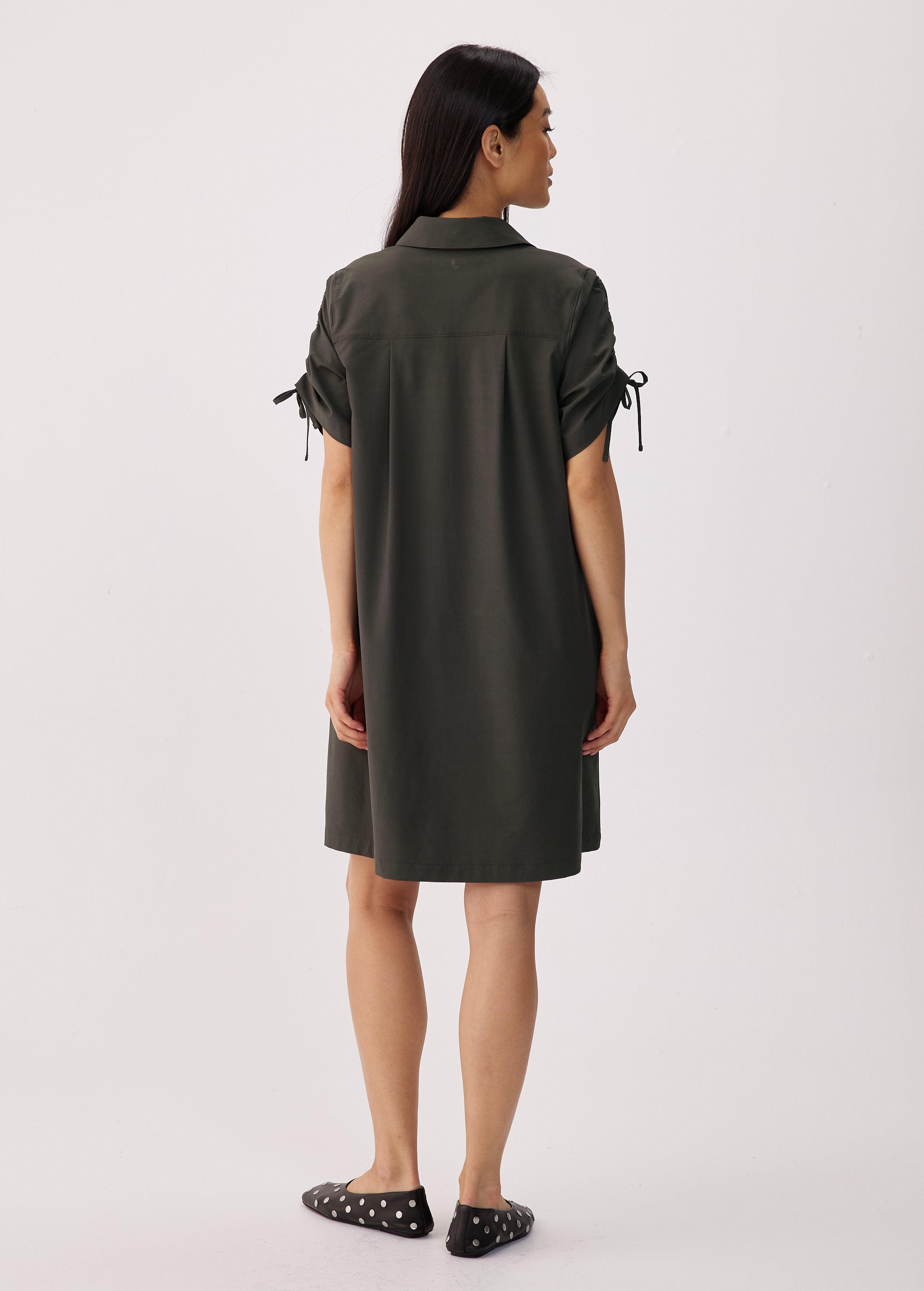 Lolë Momentum Shirt Dress in olive — a polished shirt dress with a Lolë twist