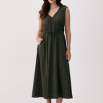 Lolë Momentum Ruched Midi Dress in olive — the dress that gets you out the door faster than your morning coffee