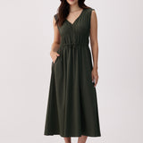 Lolë Momentum Ruched Midi Dress in olive — the dress that gets you out the door faster than your morning coffee