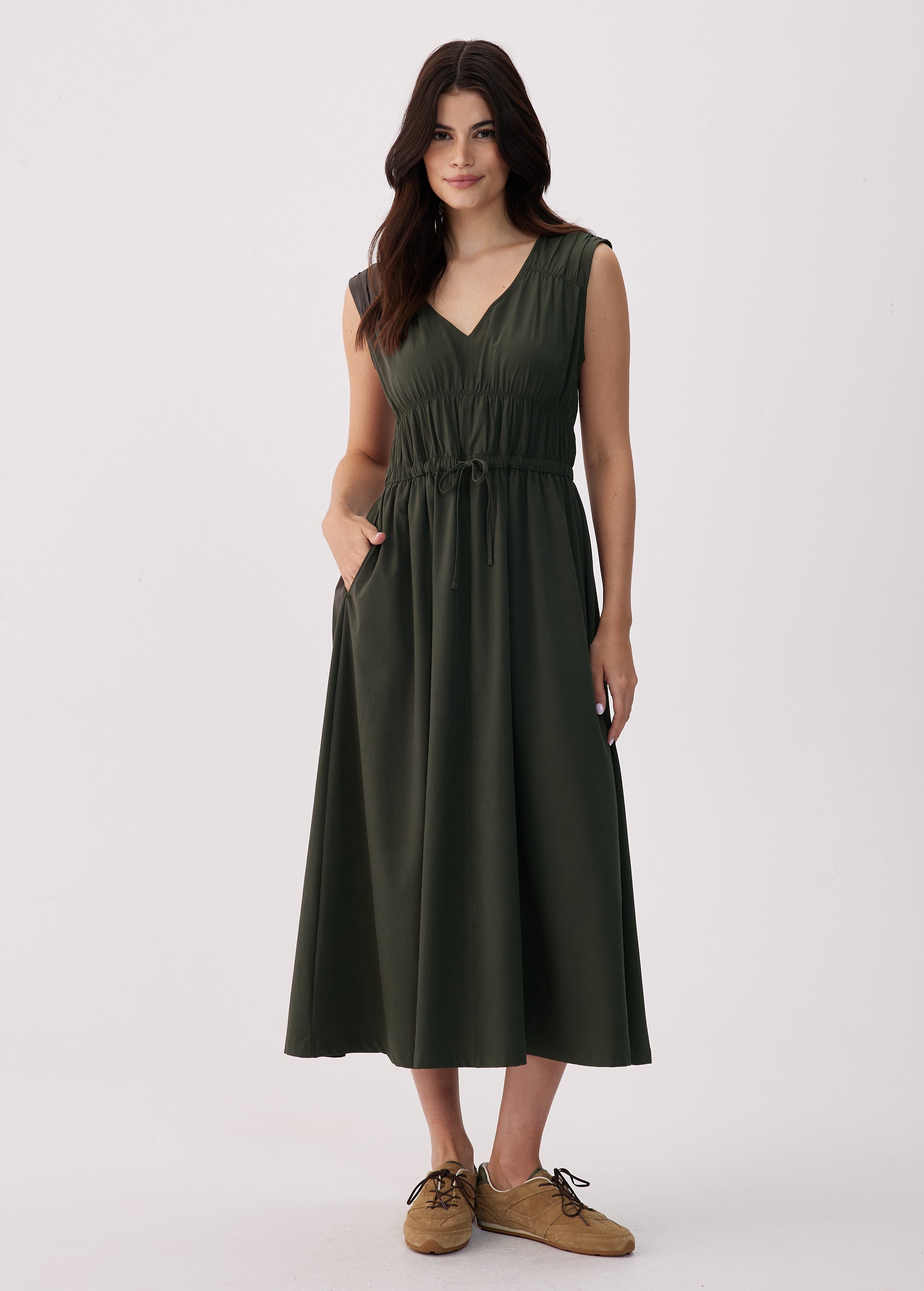 Lolë Momentum Ruched Midi Dress in olive — the dress that gets you out the door faster than your morning coffee