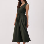 Lolë Momentum Ruched Midi Dress in olive — the dress that gets you out the door faster than your morning coffee