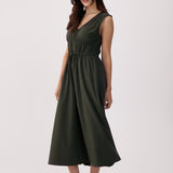 Lolë Momentum Ruched Midi Dress in olive — the dress that gets you out the door faster than your morning coffee