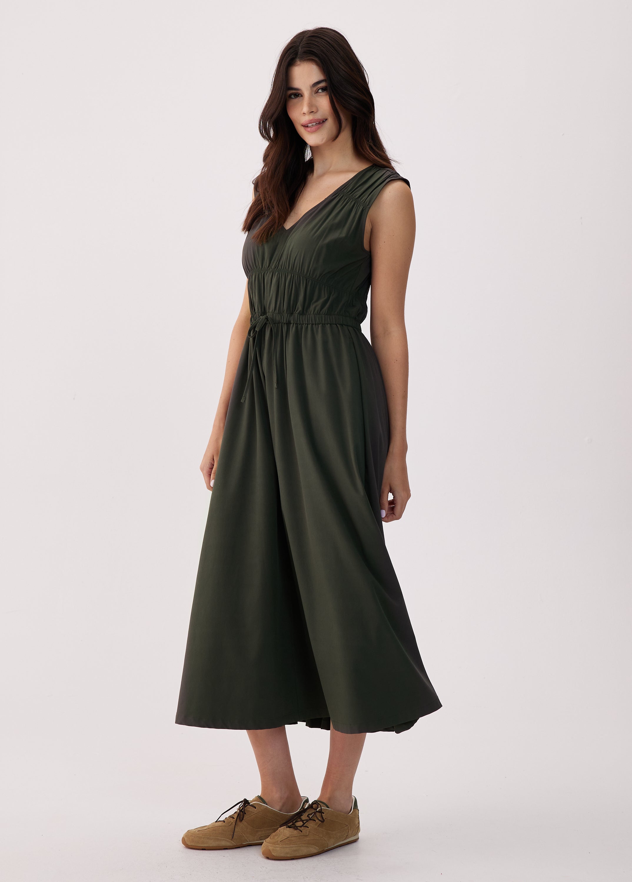 Lolë Momentum Ruched Midi Dress in olive — the dress that gets you out the door faster than your morning coffee